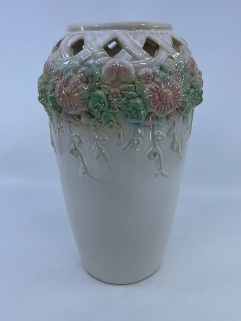 vintage majolica style ceramic vase with floral relief and open lattice top